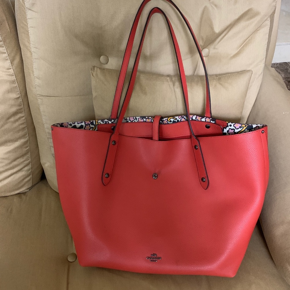 Coach Red/Orange Tote with Floral Interior